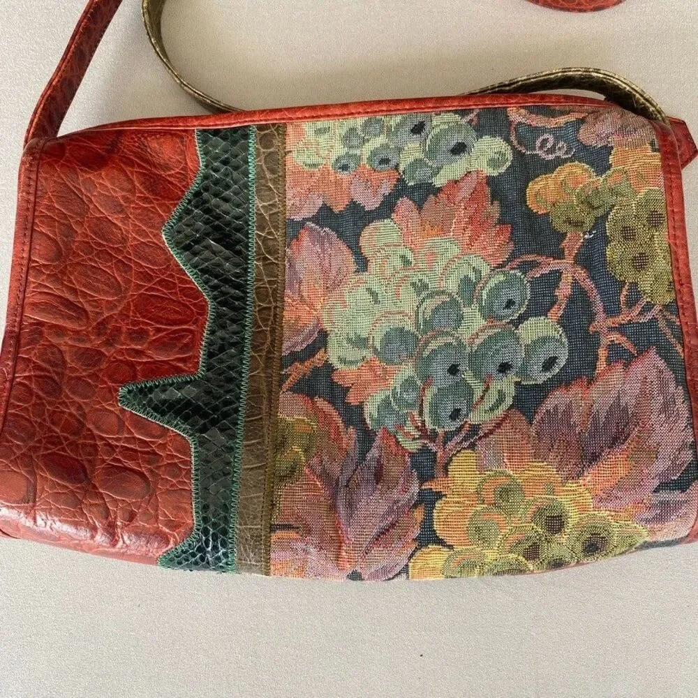 Vintage Sharif USA Patchwork Leather Shoulder Bag Floral Snakeskin Boho Purse
